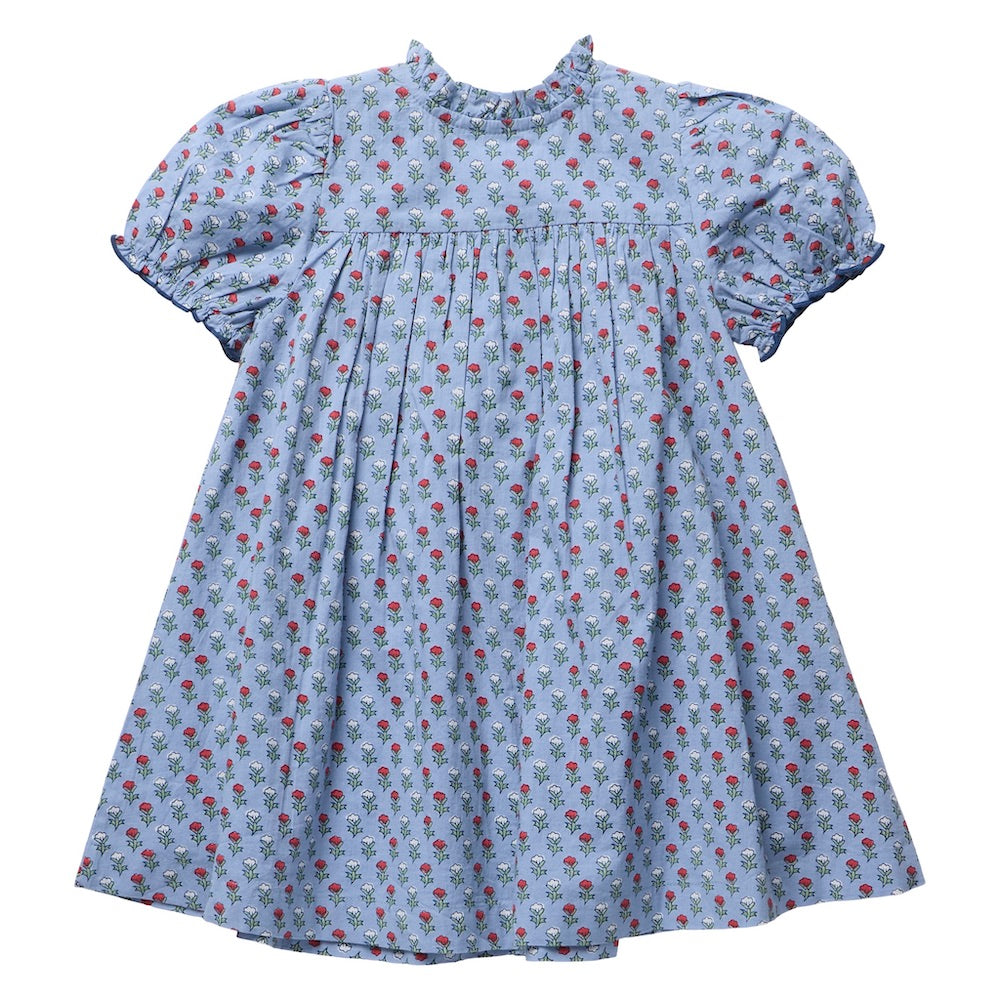 The Girls’ Lucia Dress by Pink Chicken is a light blue short-sleeve dress with a ruffled collar, adorned with a small red and green floral print and detailed delicate navy smocking at the chest and sleeves for added charm.