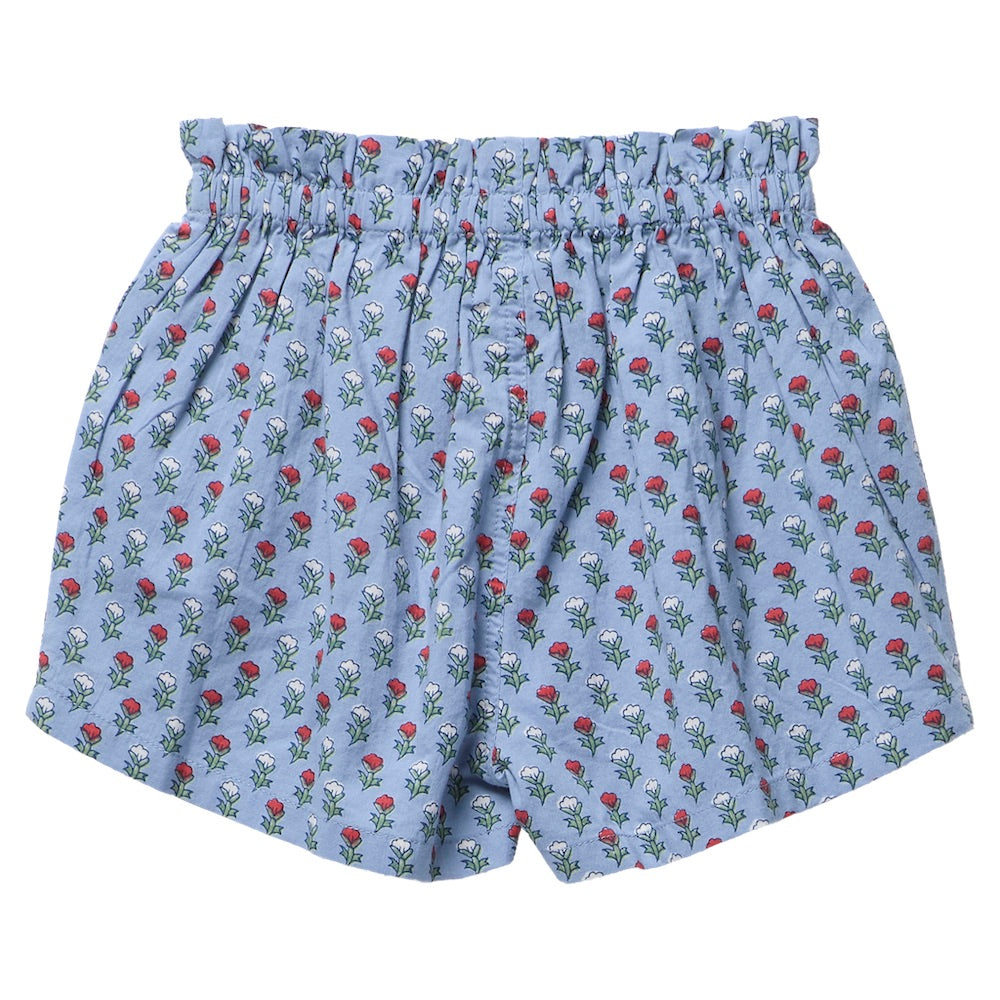 Girls’ Theodore Short by Pink Chicken in light blue, featuring a ruffled elastic waistband and decorated with a charming pattern of small red and green blockprint floral designs.