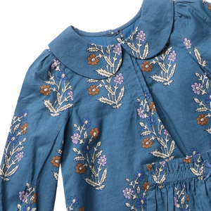 Pink Chicken Baby Girls’ Dawson 2-Piece Set: blue long-sleeve dress with Peter Pan collar and white, purple, and brown floral print.