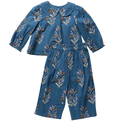 The Pink Chicken Baby Girls’ Dawson 2-Piece Set features a floral blue Peter Pan collar top and matching wide-leg botanical print pants.