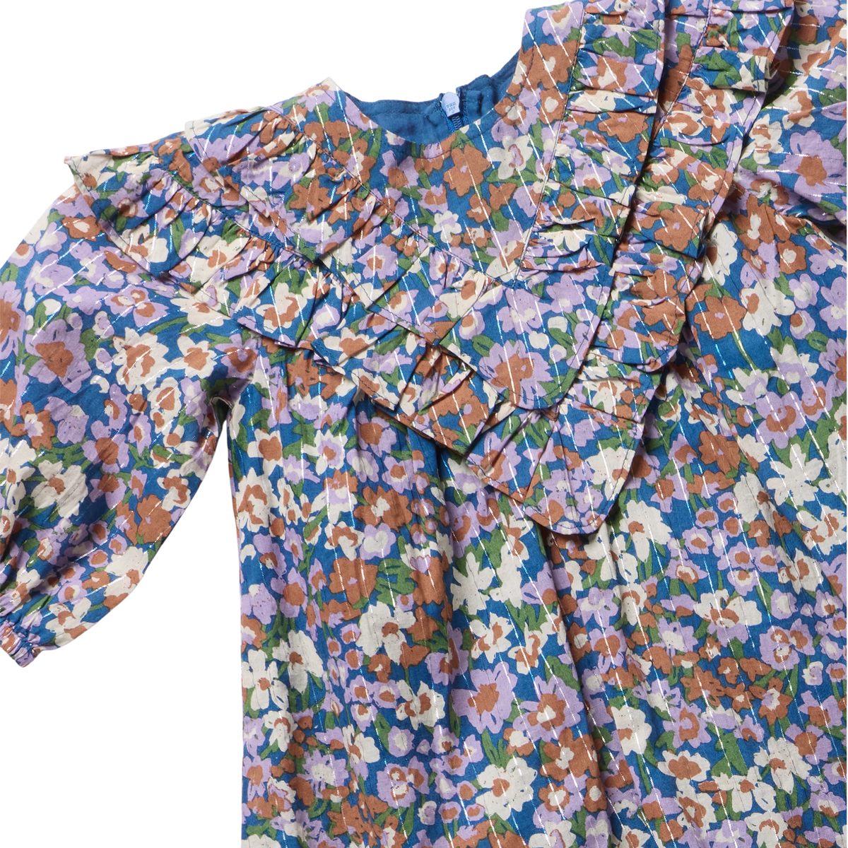 The Baby Girls’ Everly Dress Set by Pink Chicken features a ruffle collar, long sleeves, and a vibrant purple, orange, green, and white floral print.