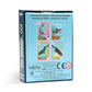 The back of the Go Shark Go! Playing Cards box by Eeboo features instructions and four sample cards with fish and sharks. This family-friendly game is a fun Go Fish adaptation, with certification and company details also shown.