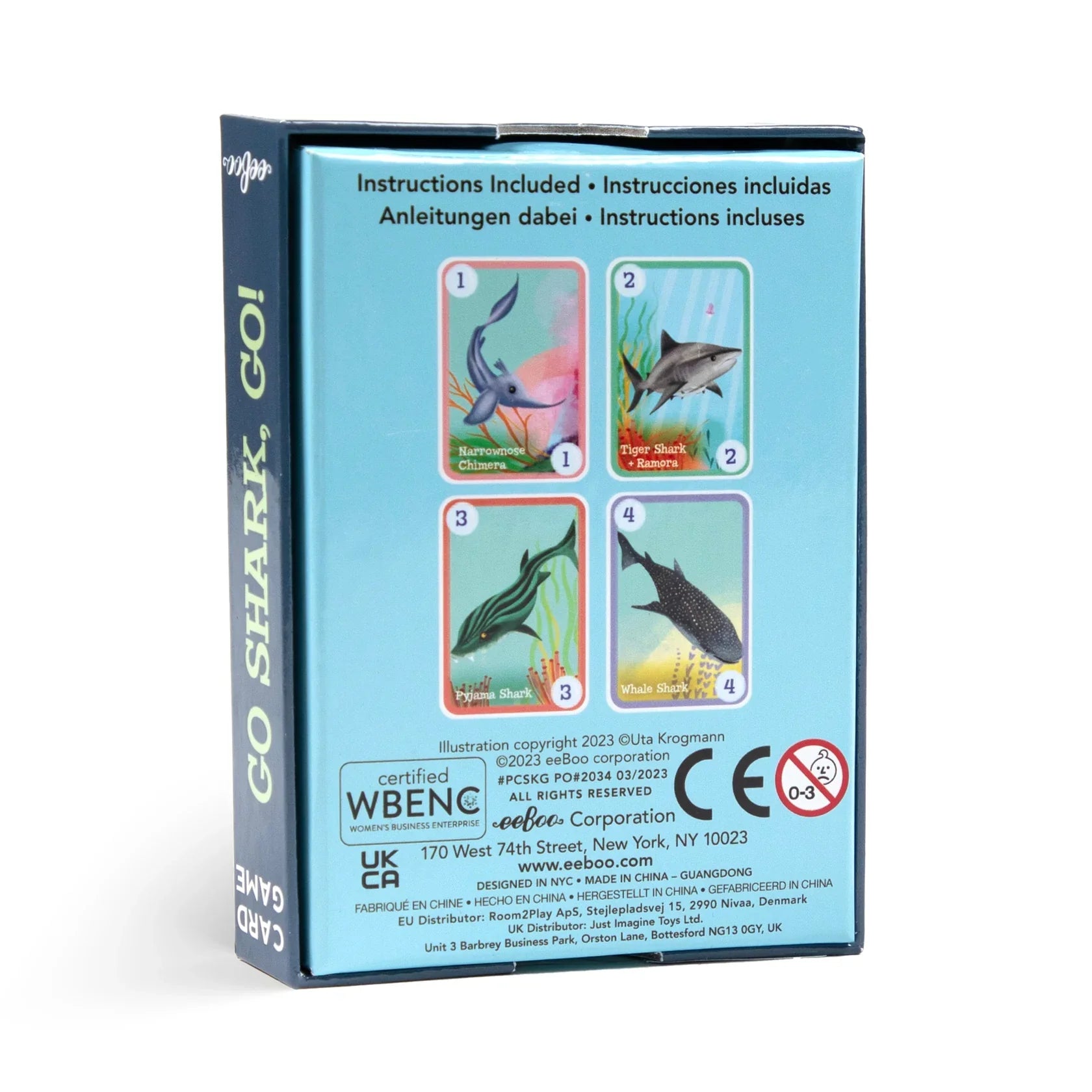 The back of the Go Shark Go! Playing Cards box by Eeboo features instructions and four sample cards with fish and sharks. This family-friendly game is a fun Go Fish adaptation, with certification and company details also shown.