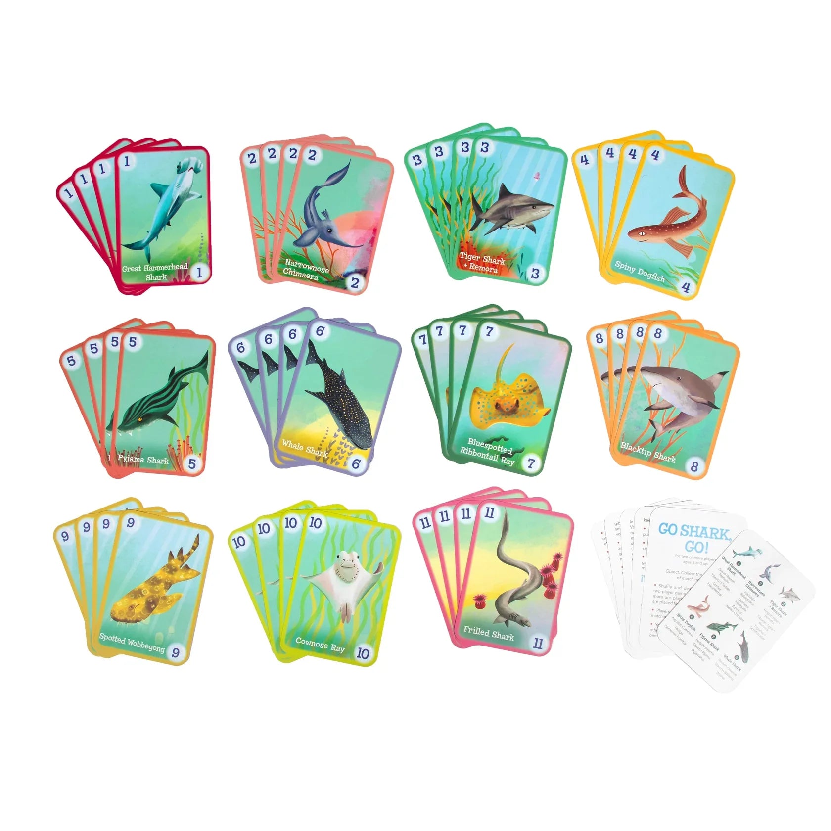Go Shark Go! Playing Cards by Eeboo: a colorful set featuring marine animals organized by species and number, perfect for family games, with instruction cards included in the lower right corner.