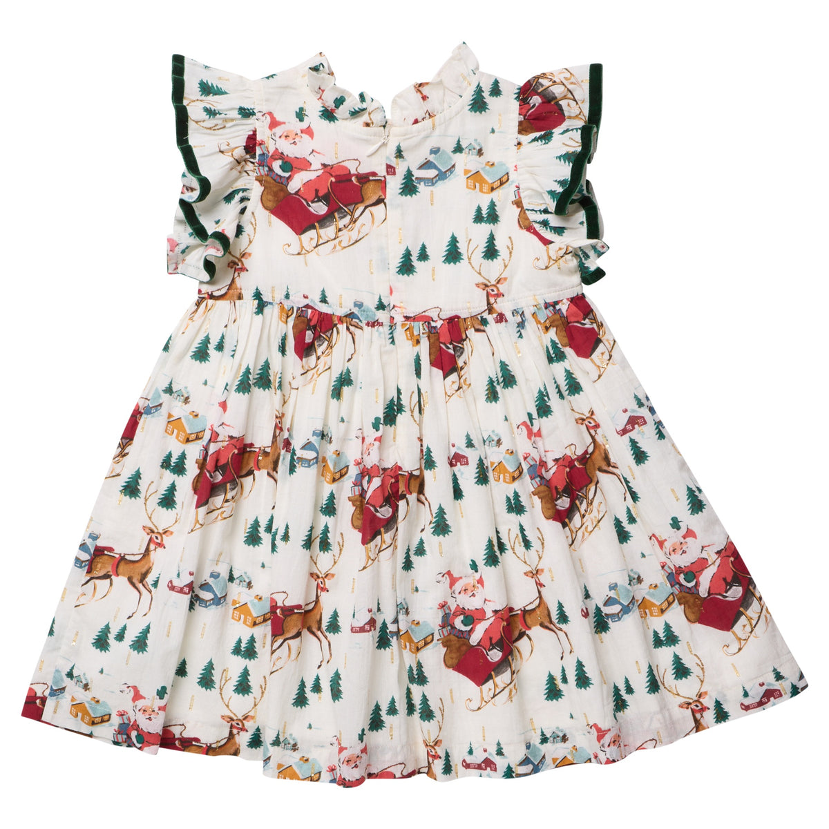 Pink Chicken Girls’ Jennifer sleeveless holiday dress with ruffled shoulders and a print of Santa in a sleigh, reindeer, and houses.