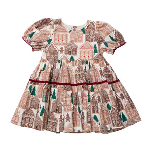 Girls’ Eliza Dress with short sleeves and a tiered skirt featuring a print of trees and gingerbread men.