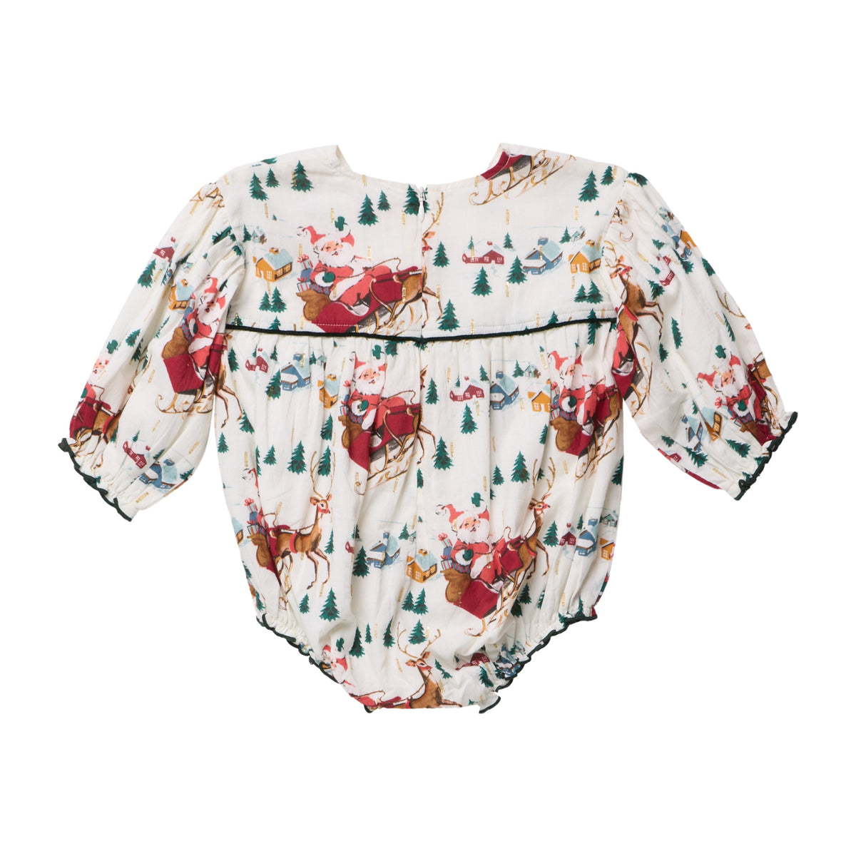 Cream long-sleeved Baby Girls’ Wynne Bubble featuring a festive Santa, reindeer, and pine tree print.