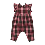 Baby Girls’ Jennifer Jumper in a burgundy tartan pattern with ruffled sleeves and a gathered waist.