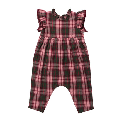 Baby Girls’ Jennifer Jumper in a burgundy tartan pattern with ruffled sleeves and a gathered waist.