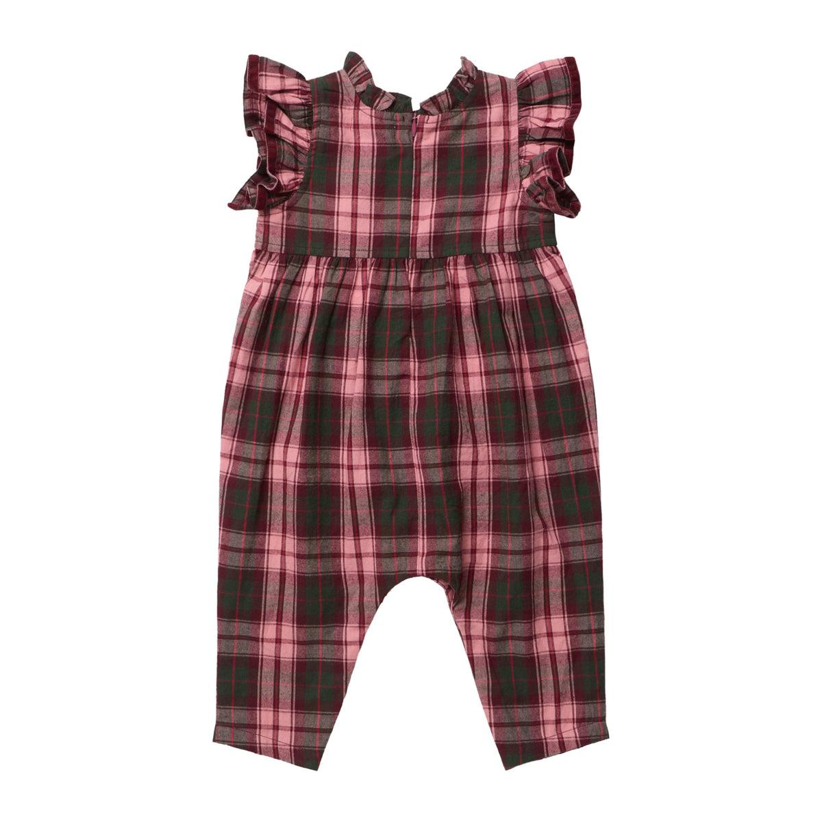 Pink Chicken Baby Girls’ Jennifer Jumper in burgundy tartan with ruffled sleeves.