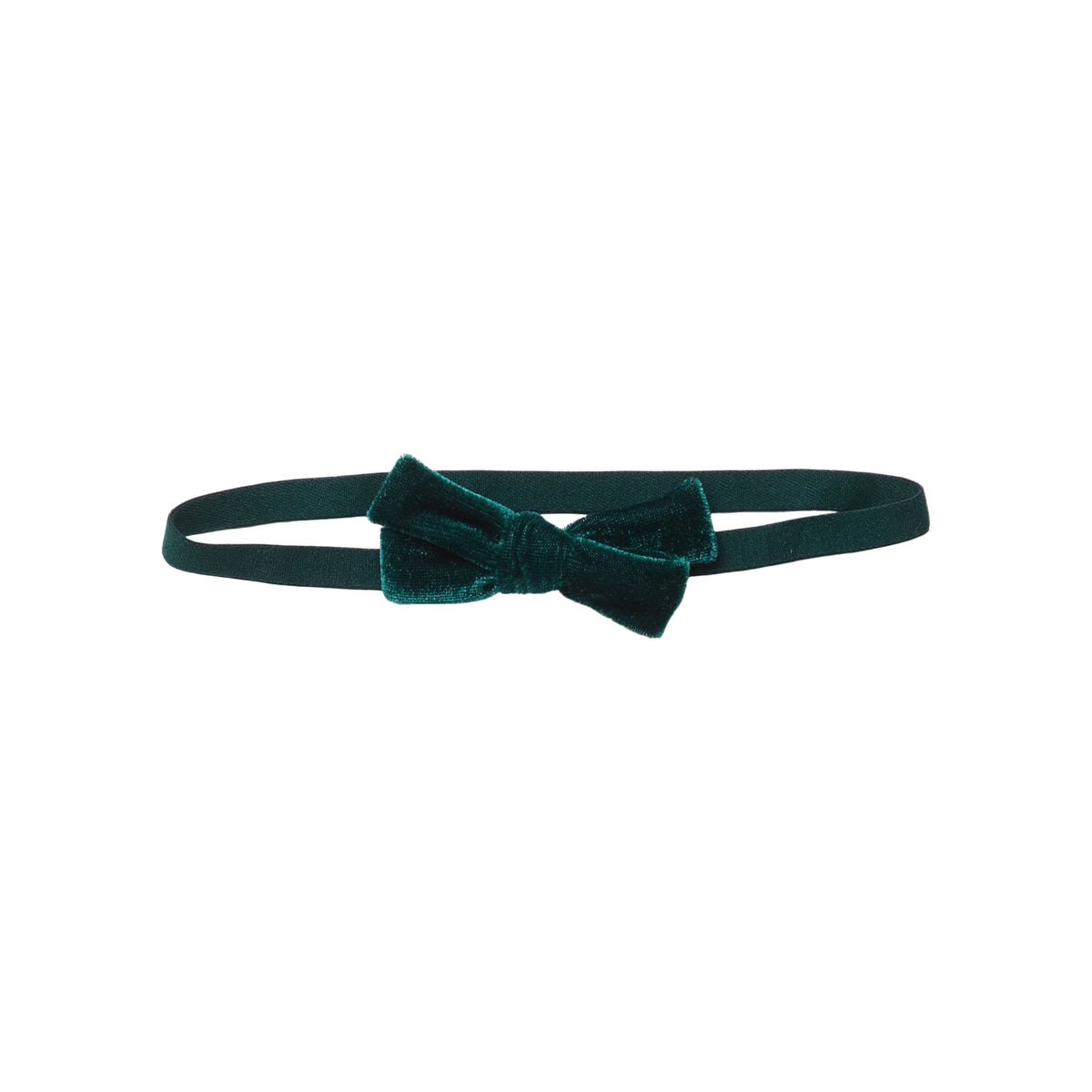 Pink Chicken Baby Girls’ Bow Headband in dark green velour with a small holiday bow.