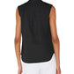 A person exudes modernist style, donned in a sleeveless Olympia top by Callas Milano and white cotton poplin pants, viewed from the back.