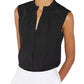 A person wearing the Olympia Sleeveless Top by Callas Milano paired with white cotton poplin pants, standing against a white background.