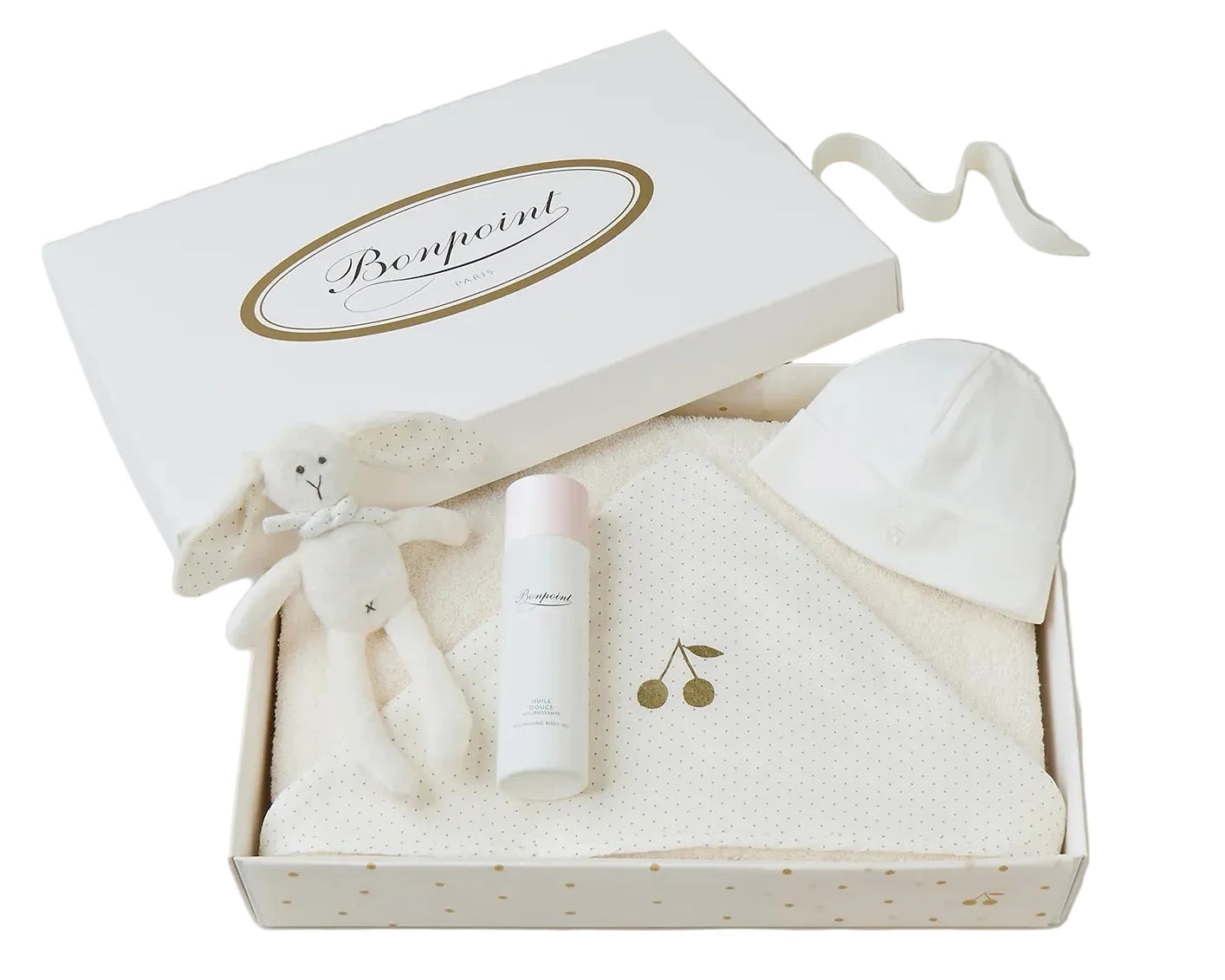 The Bonpoint Baby Bath Set includes newborn essentials: a plush bunny toy, skincare bottle, white baby hat, and hooded towel, all beautifully presented in a branded white box—an ideal gift for baby bath time.