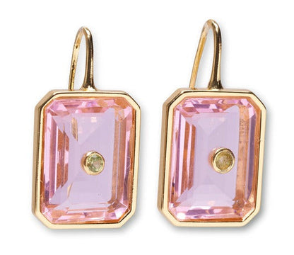 A pair of Lizzie Fortunato Tile Earrings with a rectangular cut, featuring a small round yellow gem set in gold-plated brass frames.