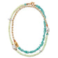 The Cabana Necklace by Lizzie Fortunato features turquoise stones, pale green and beige beads, gold accents, and two irregular pearls in a chic layered design.