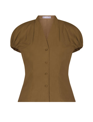 Front view of the Lela Rose Button Front V Neck Blouse in olive green cotton poplin, featuring gathered dolman cap sleeves.