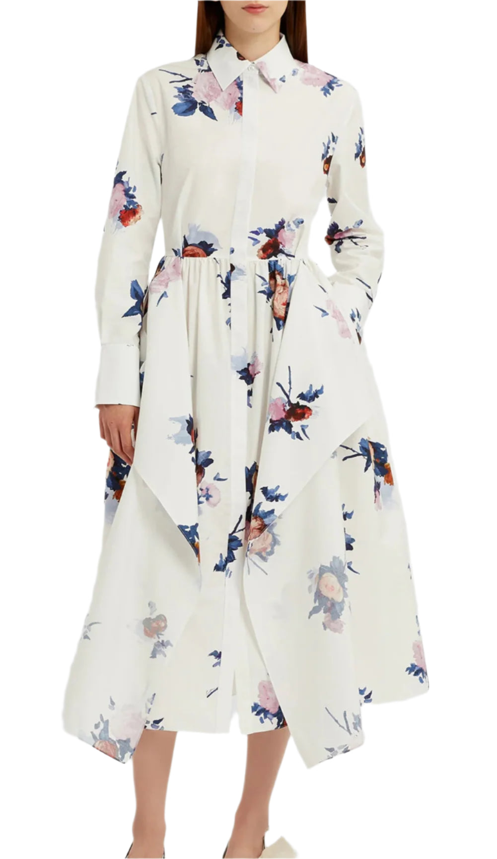 A woman wears the Erdem Long Sleeve Midi Shirt Dress, featuring a collared neckline, white cotton poplin fabric, and pink, blue, and purple rose bouquet floral prints.
