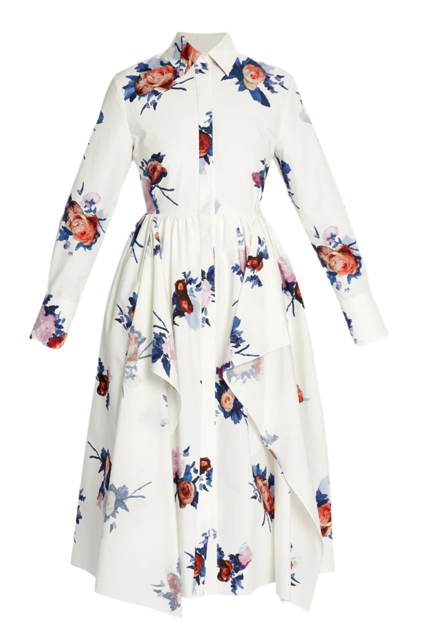The Erdem Long Sleeve Midi Shirt Dress features white cotton poplin, a collared button front, an asymmetrical overlay, and vibrant blue, red, and purple rose bouquets.