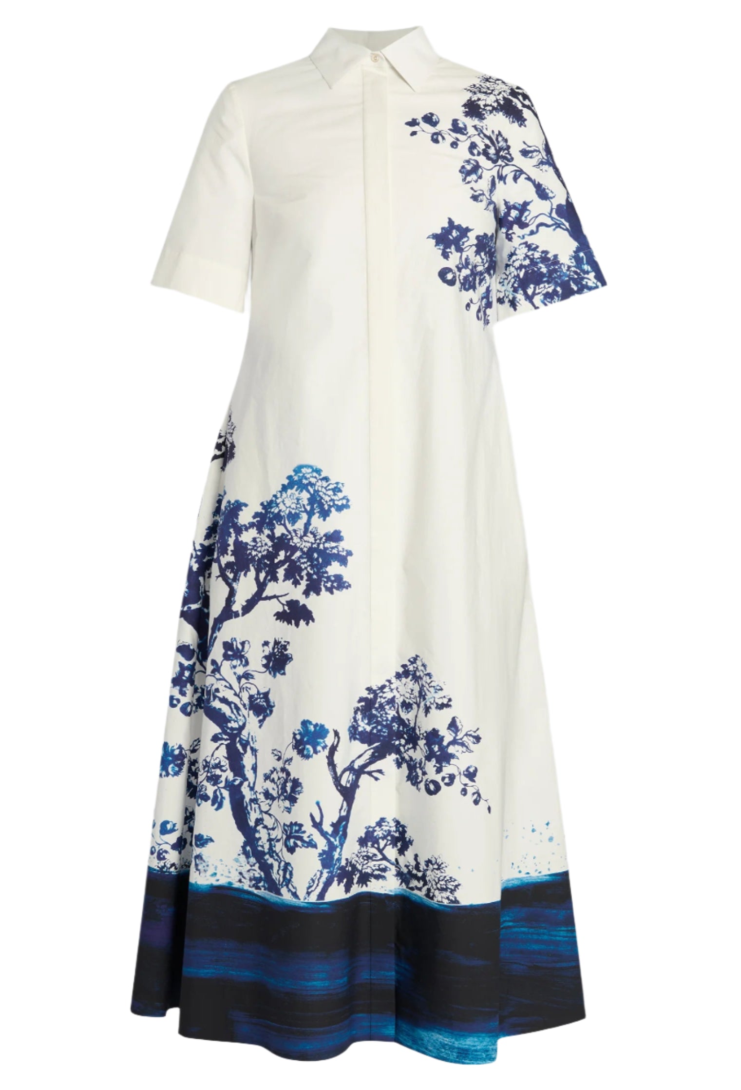 The Erdem Cyanotype Etching Short Sleeve Shirt Dress features ivory cotton poplin with a blue botanical print and gradient border at the hem, an A-line silhouette, and is displayed on a plain background.