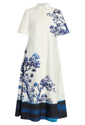 The Erdem Cyanotype Etching Short Sleeve Shirt Dress features ivory cotton poplin with a blue botanical print and gradient border at the hem, an A-line silhouette, and is displayed on a plain background.