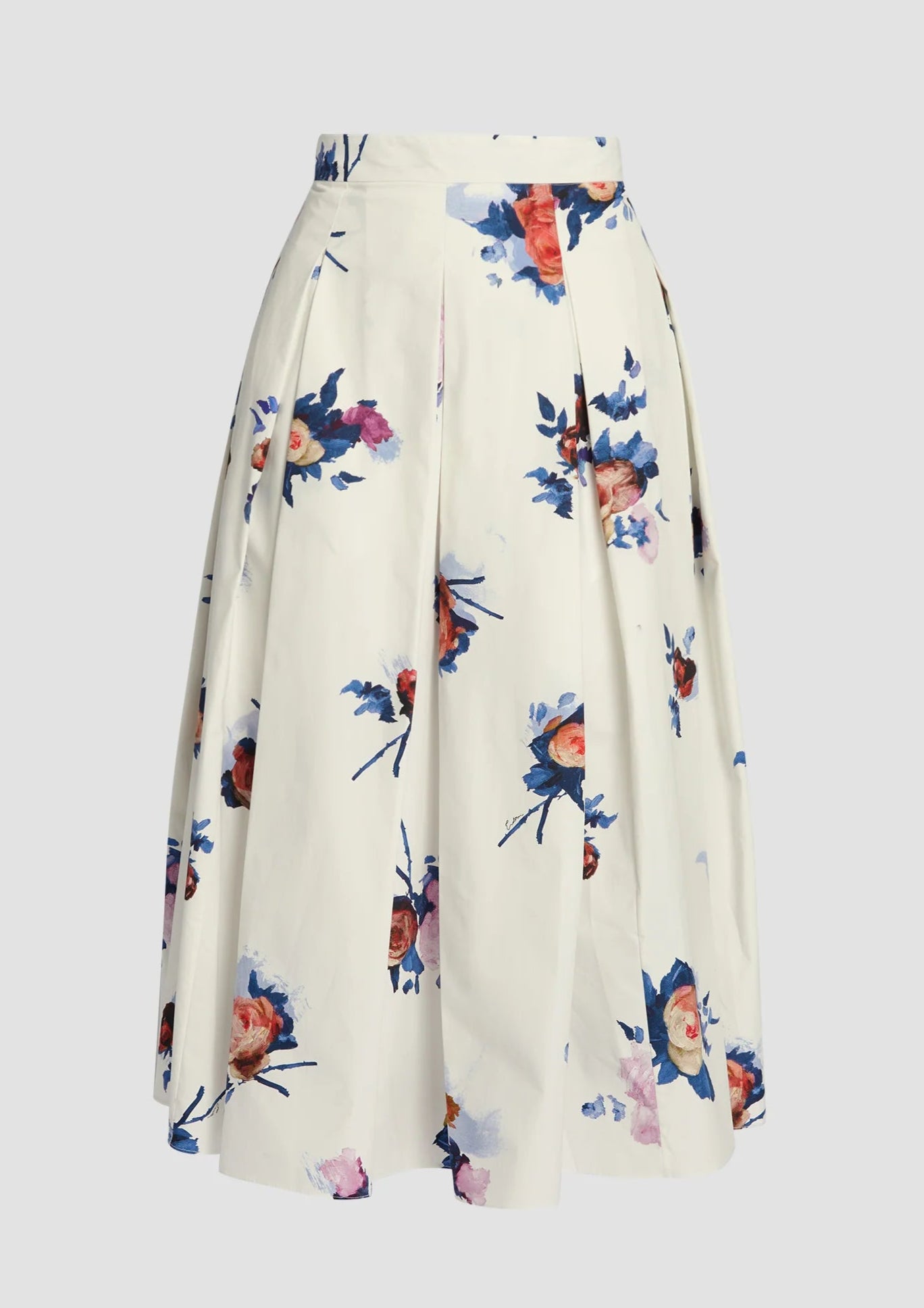 The Erdem Painted Rose Bouquet Pleated Midi Skirt is crafted from white cotton poplin and features a vibrant floral print in blue, red, and pink shades on a light background.