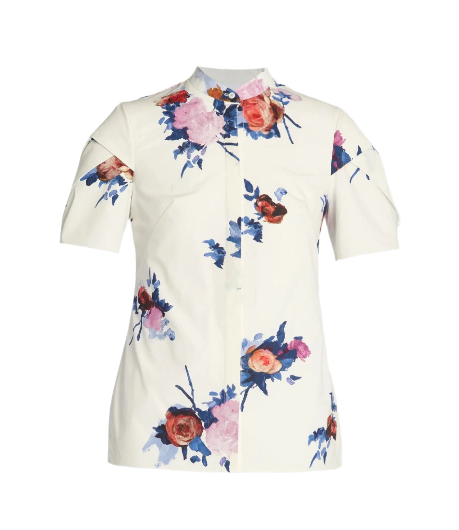 The Erdem Painted Rose Bouquet Short Sleeve Top is a white cotton poplin shirt with a collar and vibrant pink, red, and blue floral print.