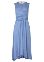 The Penny Dress by Altuzarra features a sleeveless design in blue and white cotton stripes, an asymmetric hem, gathered waist, and subtle diagonal pleats on the bodice.