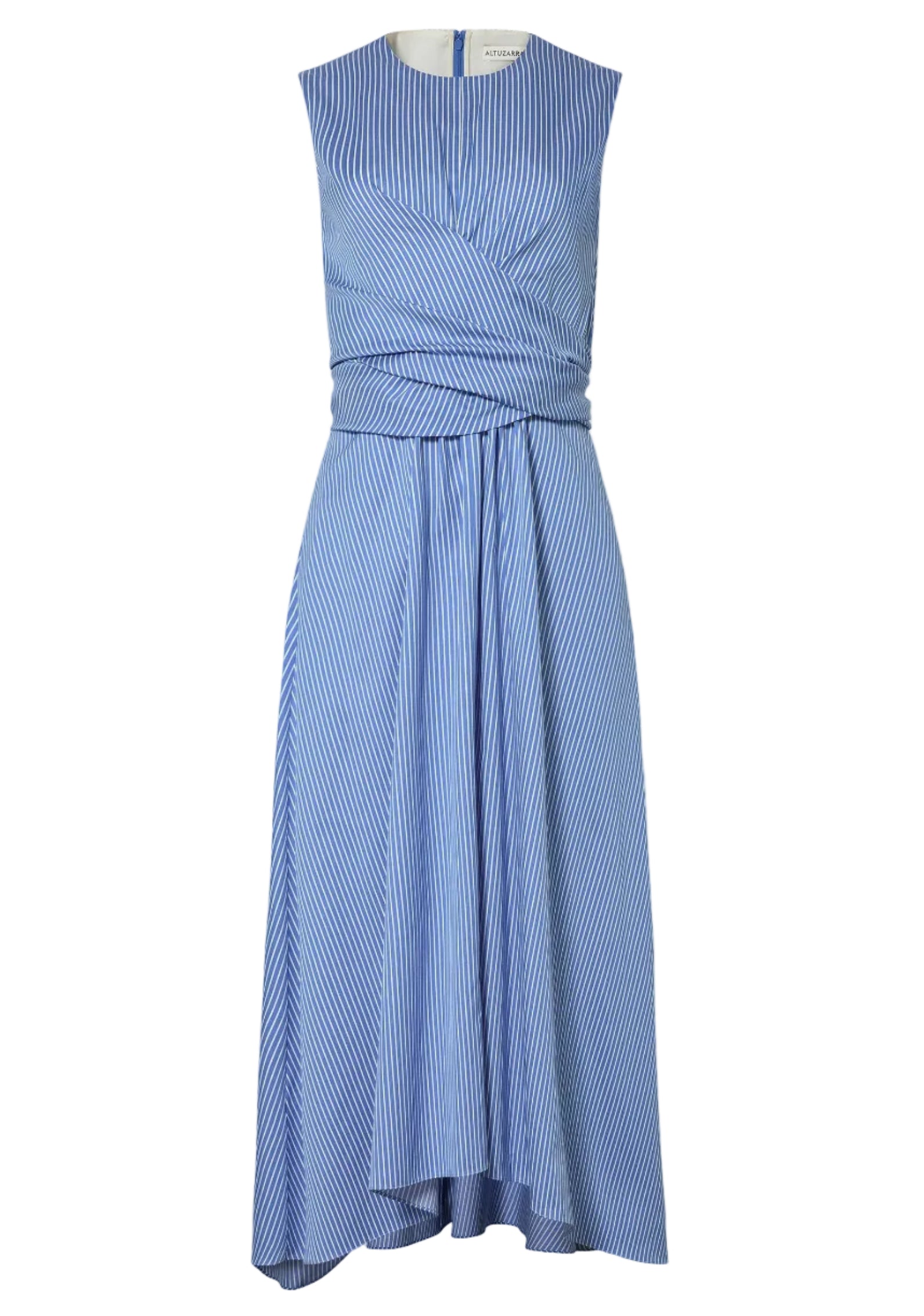 The Penny Dress by Altuzarra features a sleeveless design in blue and white cotton stripes, an asymmetric hem, gathered waist, and subtle diagonal pleats on the bodice.