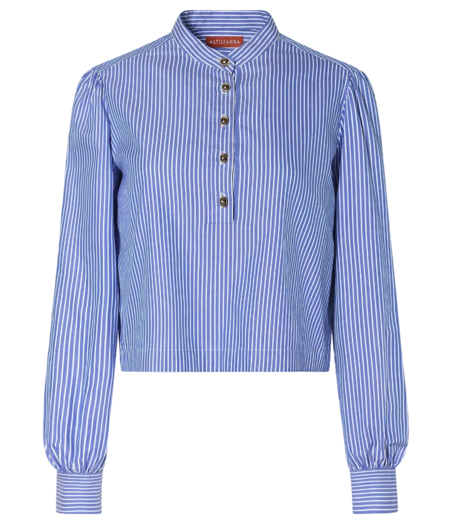 The Margot Top by Altuzarra is a modern blue and white striped long-sleeve blouse in cotton-poplin, featuring a band collar, four front buttons, and elegant balloon sleeves.