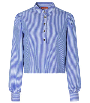 The Margot Top by Altuzarra is a modern blue and white striped long-sleeve blouse in cotton-poplin, featuring a band collar, four front buttons, and elegant balloon sleeves.