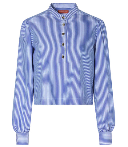 The Margot Top by Altuzarra is a modern blue and white striped long-sleeve blouse in cotton-poplin, featuring a band collar, four front buttons, and elegant balloon sleeves.