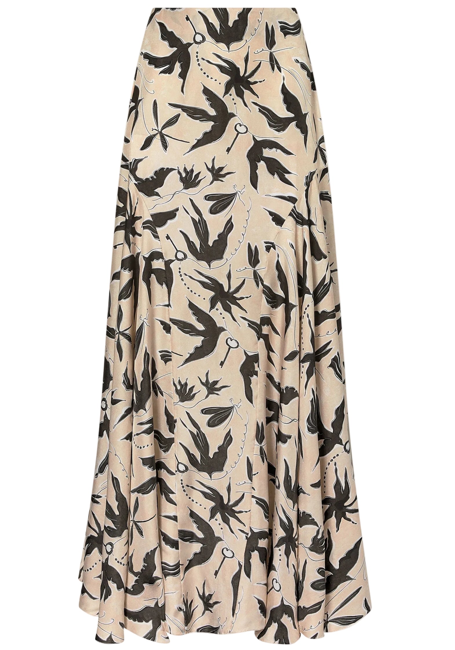 The Elton Skirt by Altuzarra is a beige midi skirt with a fitted waist, flared silhouette, and a black bird and floral print pattern.