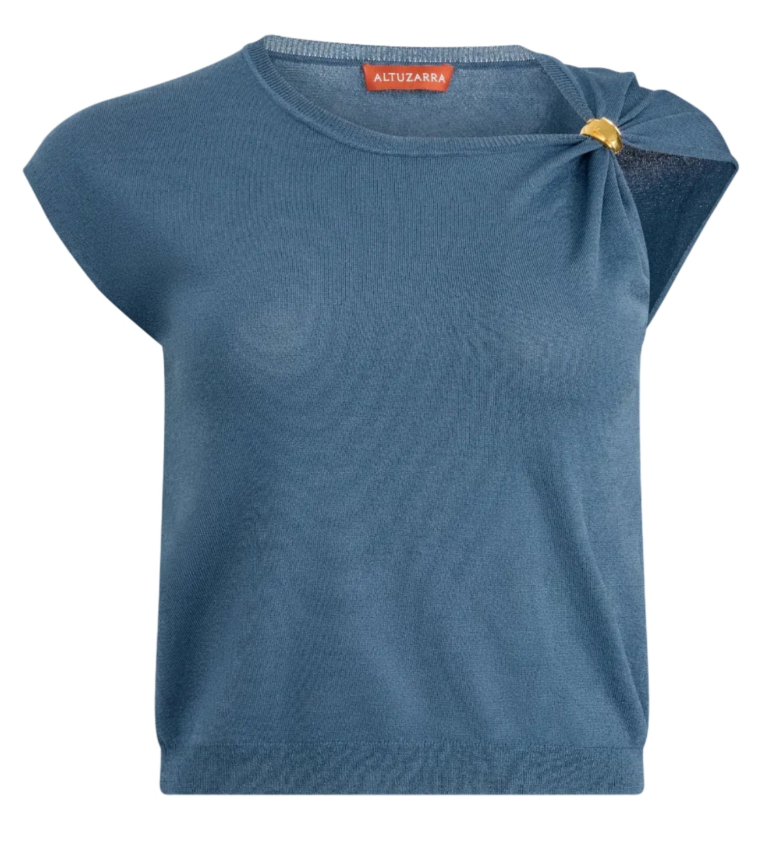The Altuzarra Rinaldi Top is a blue short-sleeve knit with a round neckline, gathered shoulder detail, and chic gold hardware accent on one side.