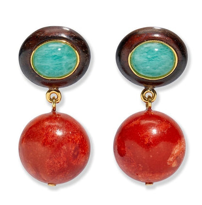 The Laurel Earrings by Lizzie Fortunato feature gold-plated ovals with green amazonite stones accented by gold trim, and are finished with large round coral bead drops.
