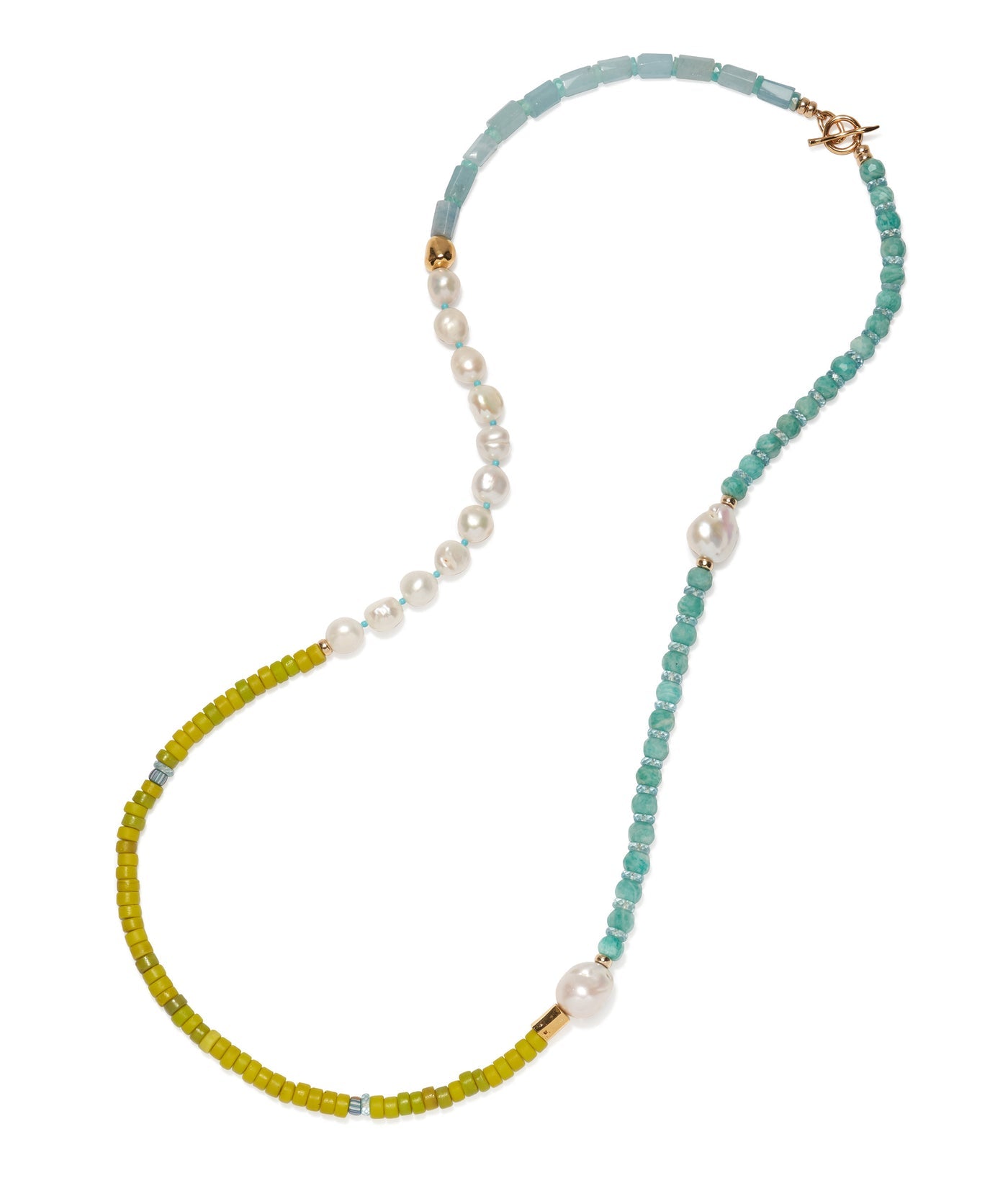 The Cabana Necklace by Lizzie Fortunato features single-strand sections of green, blue, and turquoise beads, white pearls, and a gold clasp—an iconic accessory inspired by the brand’s signature style.
