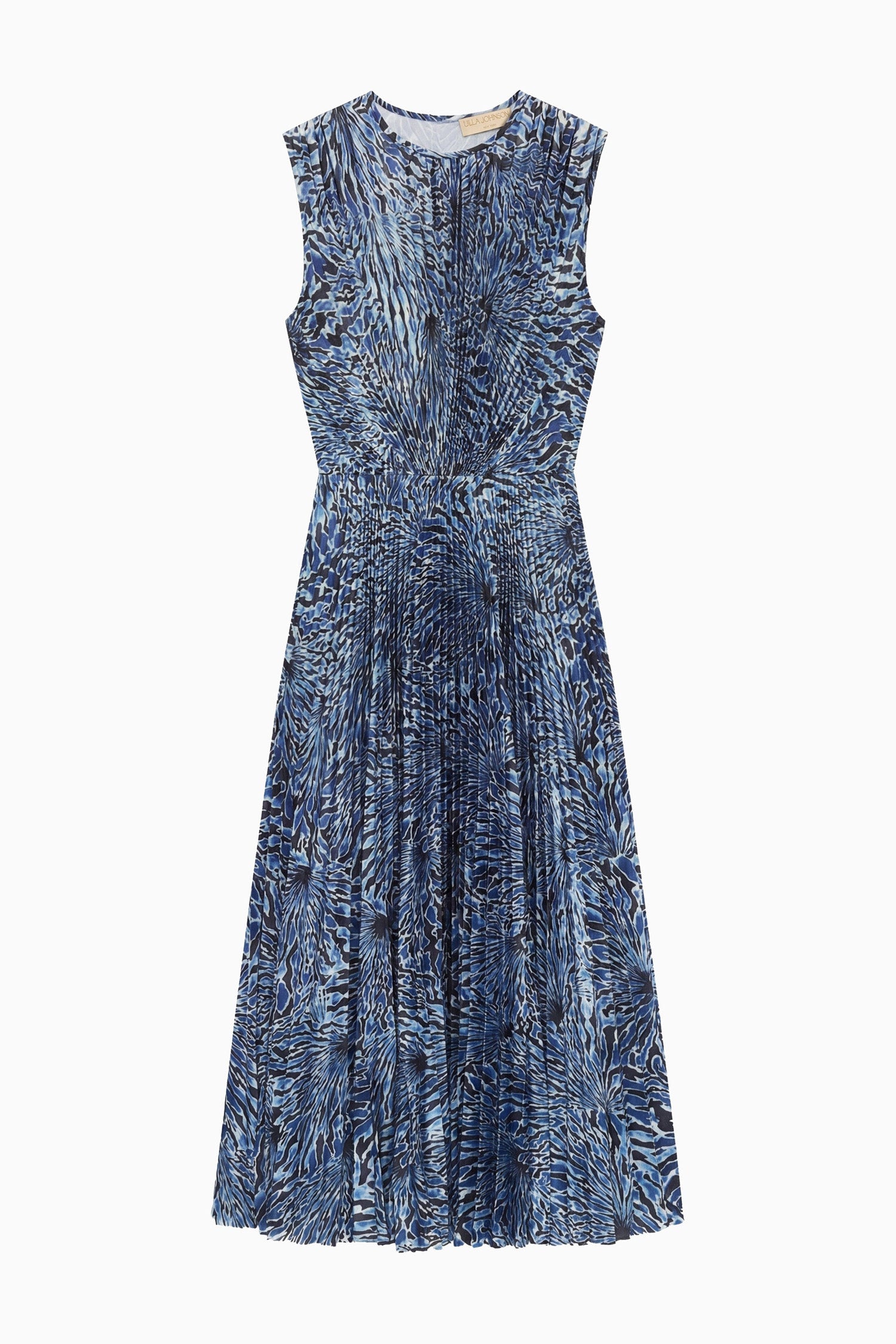 The Ulla Johnson Malin Satin Dress is a sleeveless, knee-length midi with a blue and black abstract pattern and a pleated skirt, shown on a white background.
