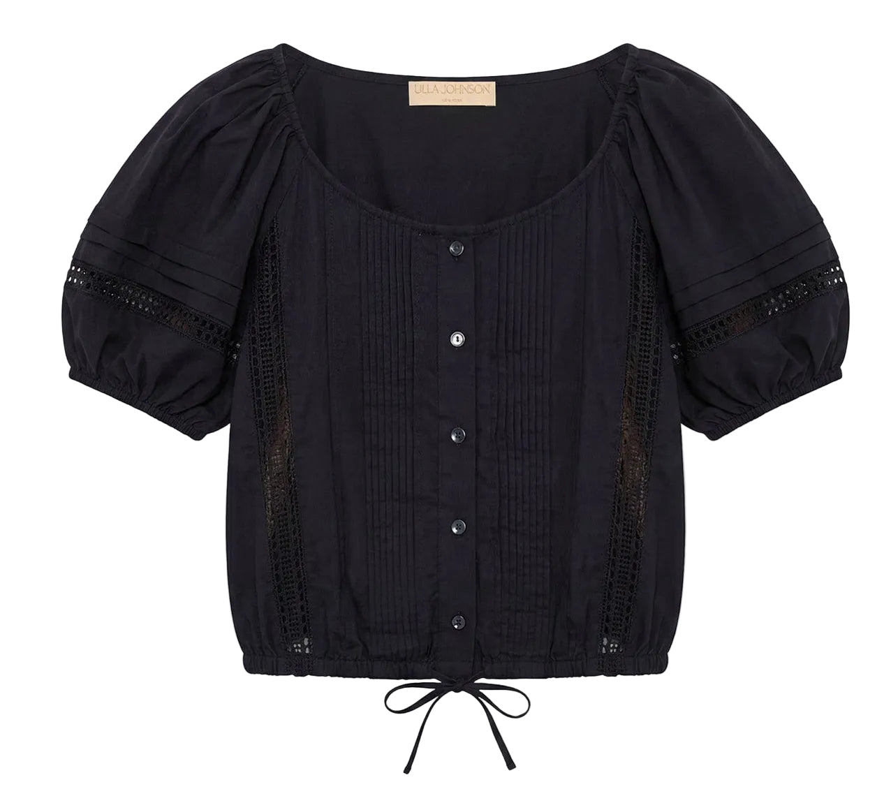 The Clara Top by Ulla Johnson is a black short-sleeve blouse featuring front buttons, pintuck details, delicate Victorian lace accents, a scoop neckline, puffed sleeves, and a drawstring hem.