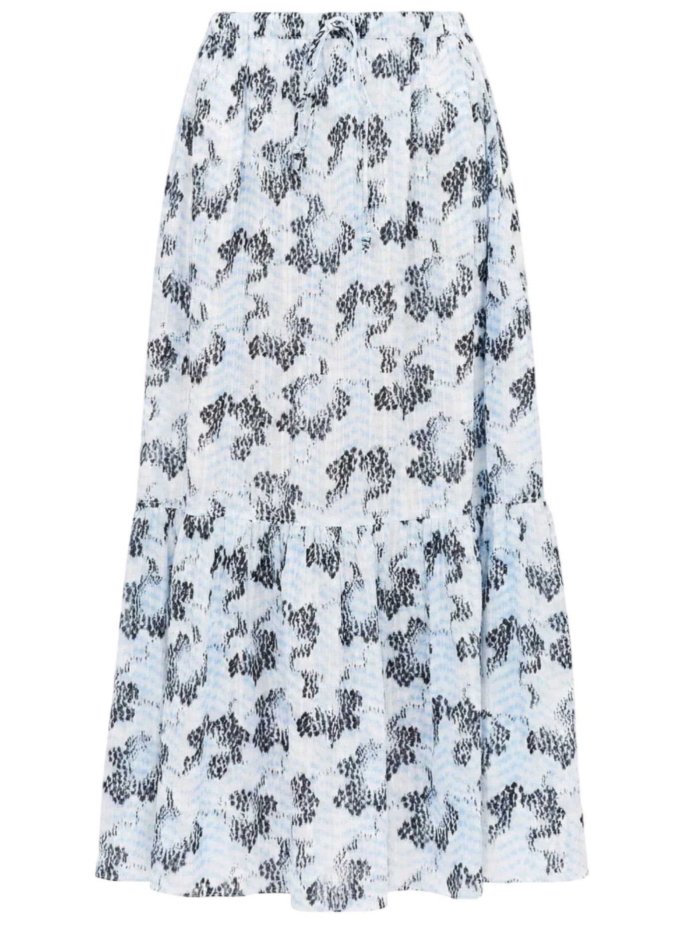 The Olina Midi Skirt by Ulla Johnson is a white cotton-blend skirt with a black abstract leopard print and a ruffled hem.