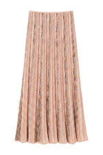 The Clio Knit Midi Skirt by Ulla Johnson is a pleated pink skirt with vertical lace and patterned panels, featuring an elastic waist for comfort.