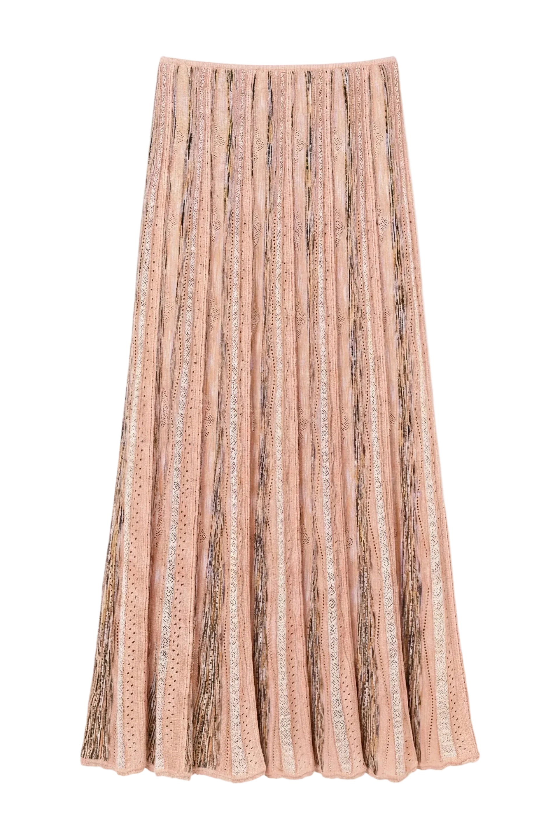 The Clio Knit Midi Skirt by Ulla Johnson is a pleated pink skirt with vertical lace and patterned panels, featuring an elastic waist for comfort.