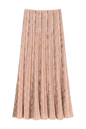 The Clio Knit Midi Skirt by Ulla Johnson is a pleated pink skirt with vertical lace and patterned panels, featuring an elastic waist for comfort.