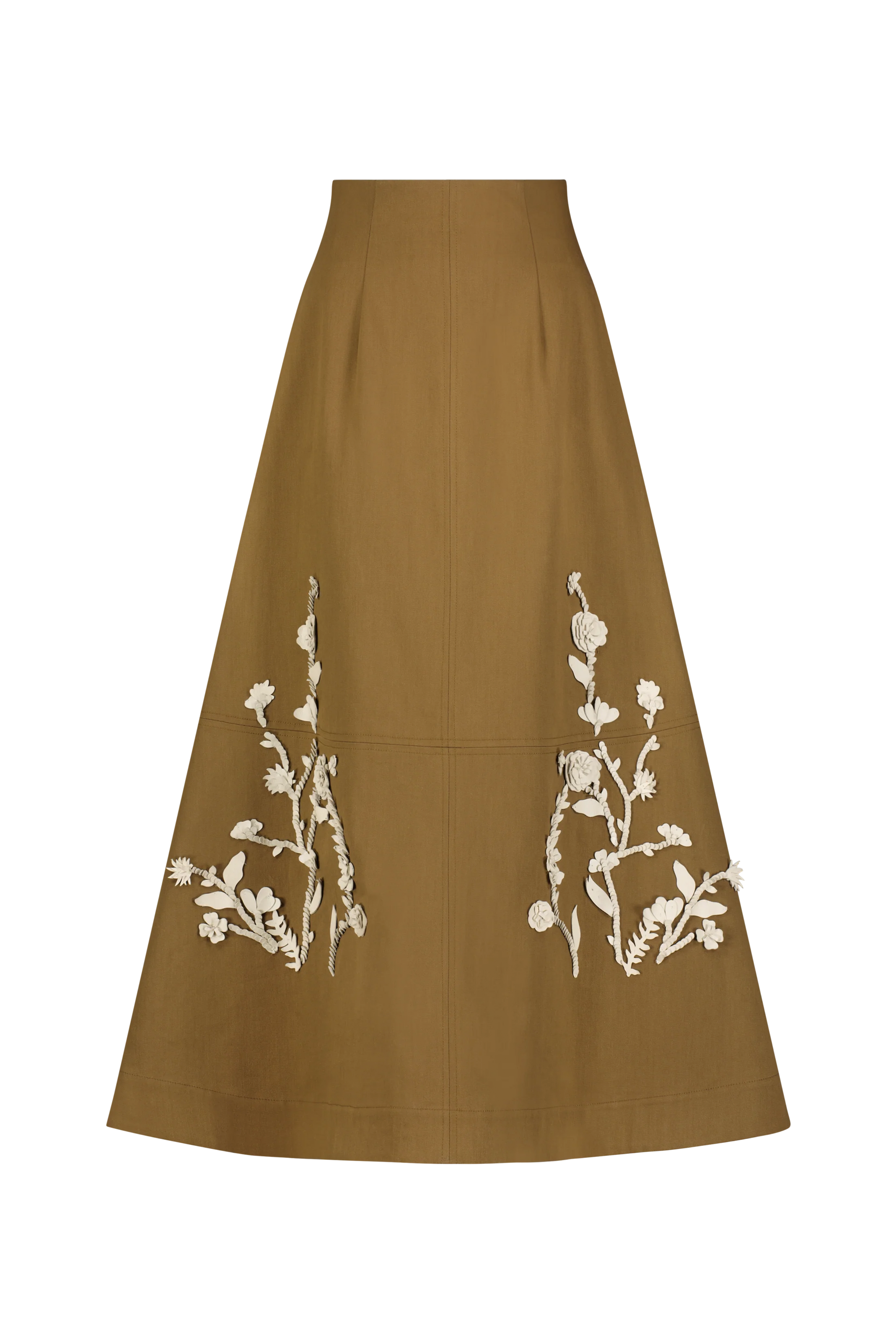 The Lela Rose Leather Floral Embroidered Rustic Skirt is a brown A-line midi with white floral embroidery near the hem, shown against a plain white background.