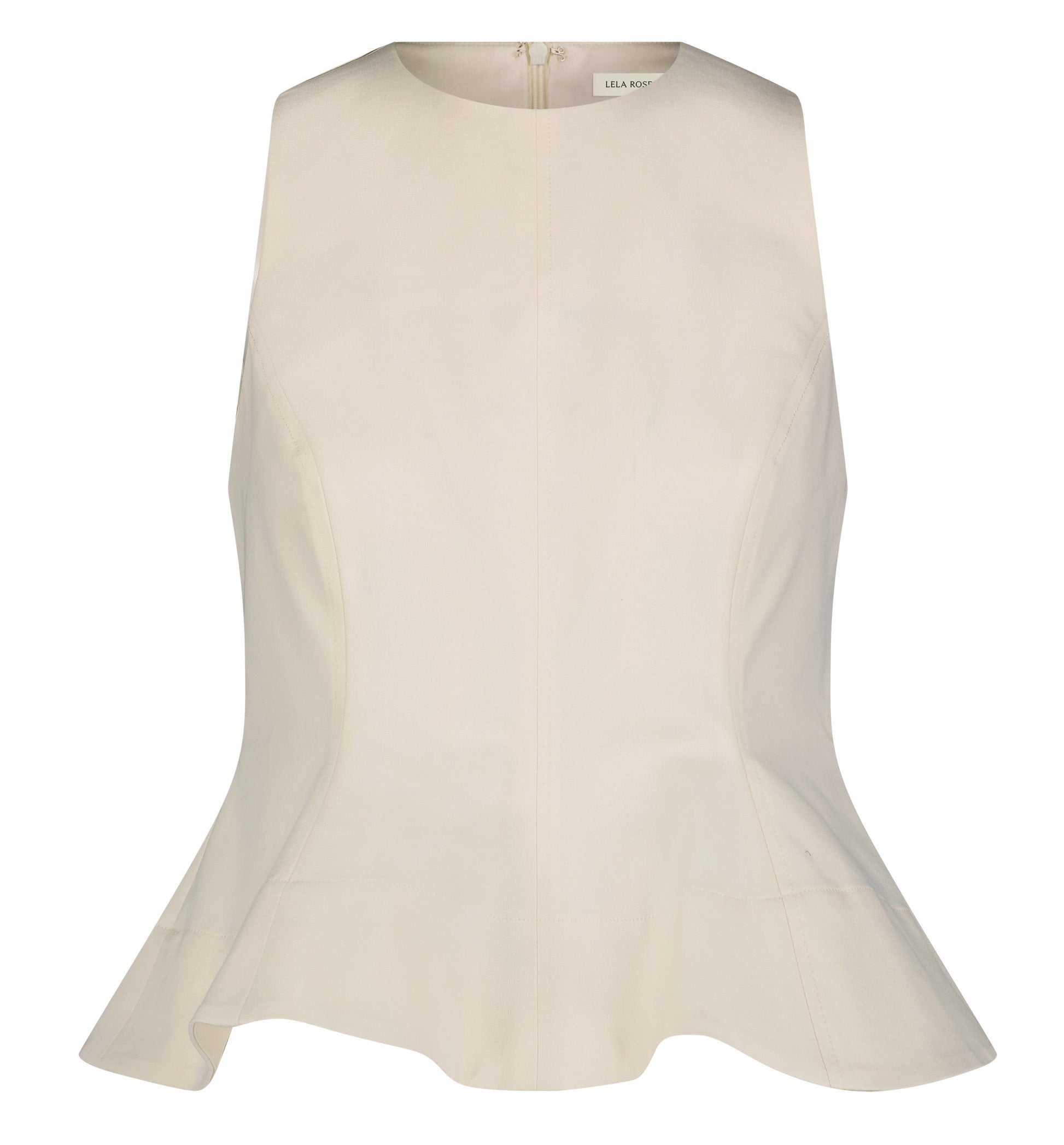 The Lela Rose Stretch Cotton Halter Top features a tailored fit in off-white, with subtle seam detailing and a flared hem for an elegant silhouette.