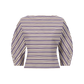 The Lela Rose Striped Cotton Dolman Sleeve Top features a boat neckline, purple, beige, and white stripes, and is shown from the back—an ideal choice to elevate your workwear wardrobe.