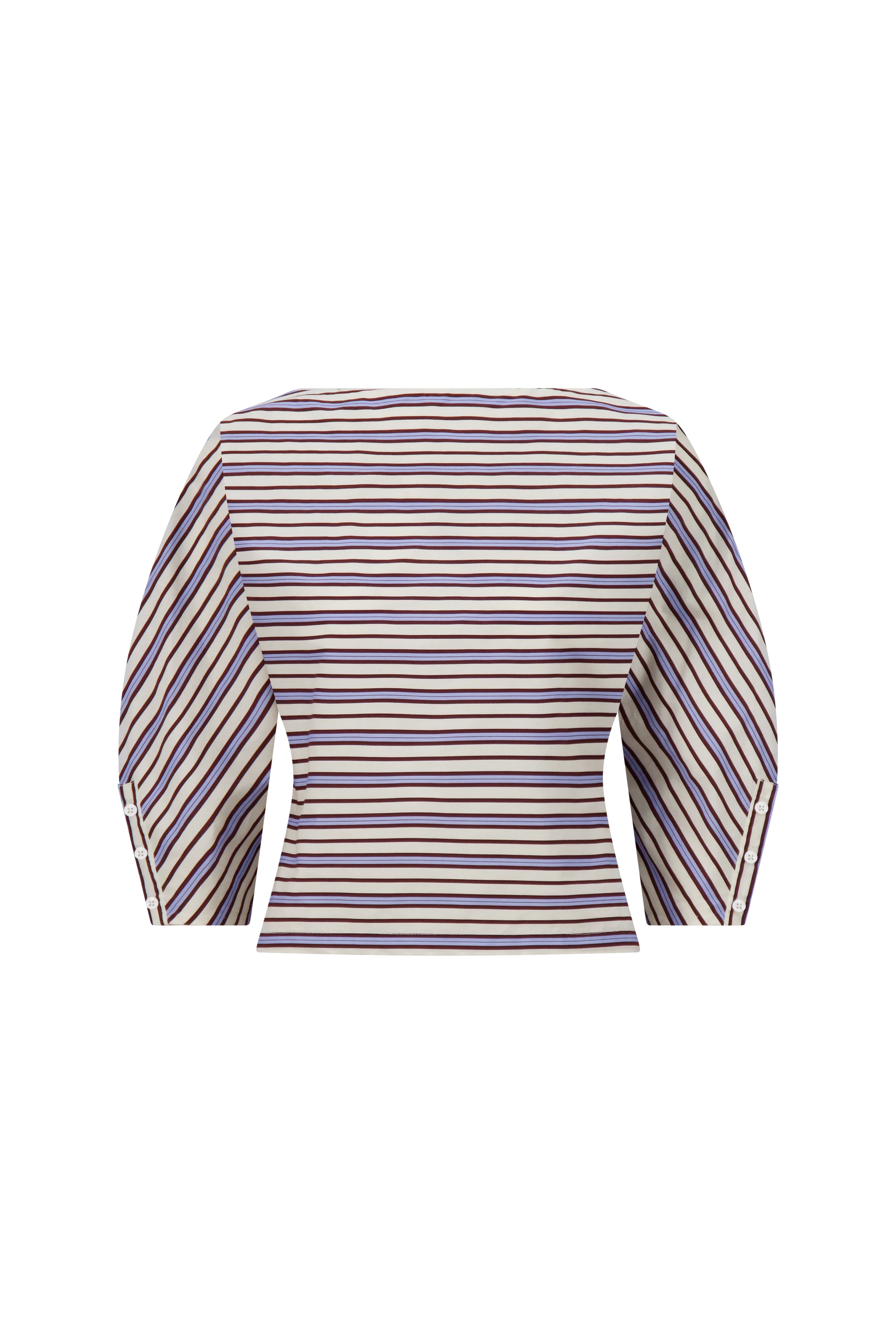 The Lela Rose Striped Cotton Dolman Sleeve Top features a boat neckline, purple, beige, and white stripes, and is shown from the back—an ideal choice to elevate your workwear wardrobe.