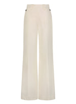 Lela Rose Stretch Cotton Pant in cream features a wide-leg, tailored fit with belt loops and button details at the high-rise waist, shown against a plain white background.