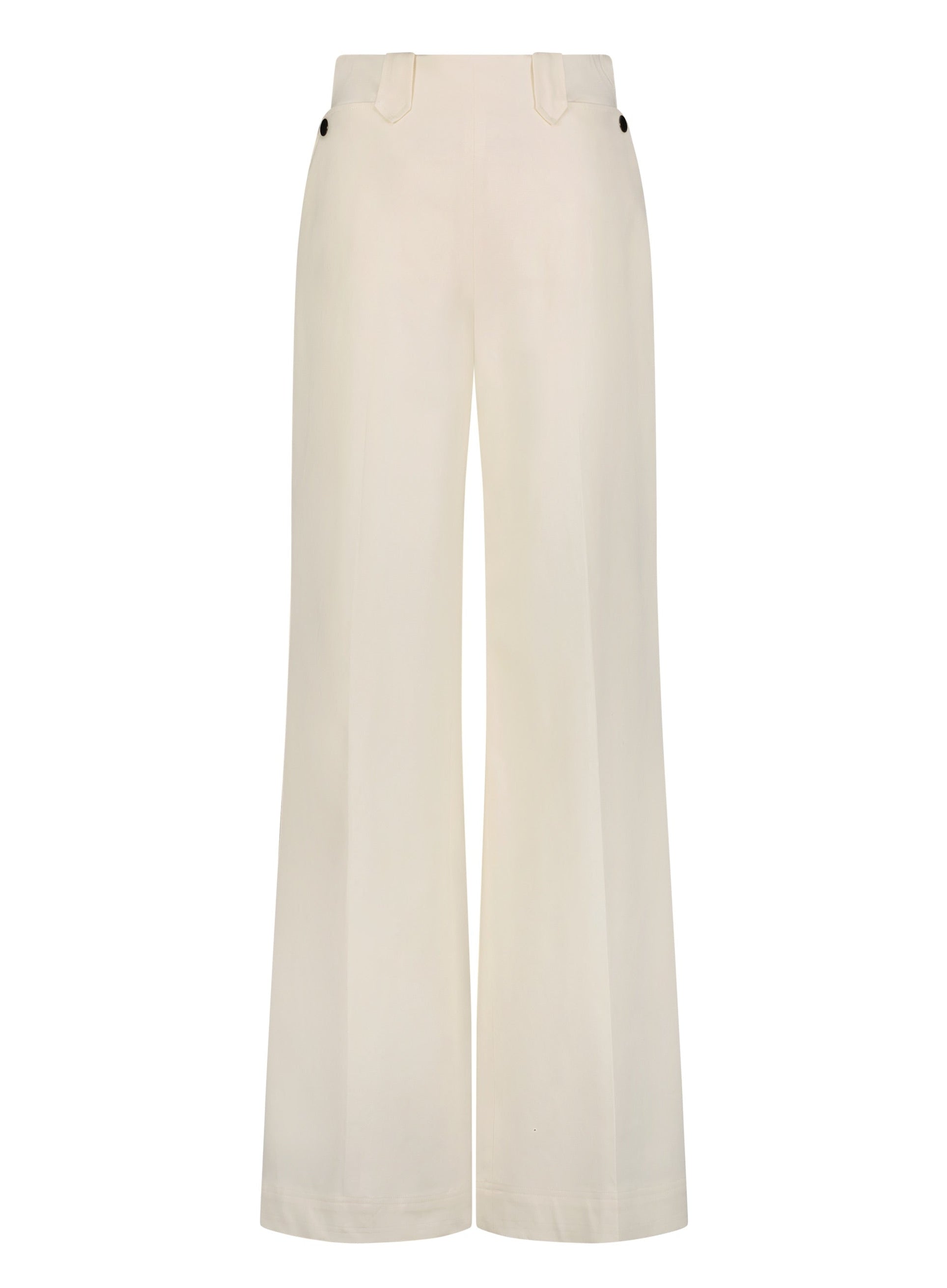 Lela Rose Stretch Cotton Pant in cream features a wide-leg, tailored fit with belt loops and button details at the high-rise waist, shown against a plain white background.