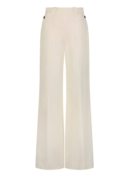 Lela Rose Stretch Cotton Pant in cream features a wide-leg, tailored fit with belt loops and button details at the high-rise waist, shown against a plain white background.