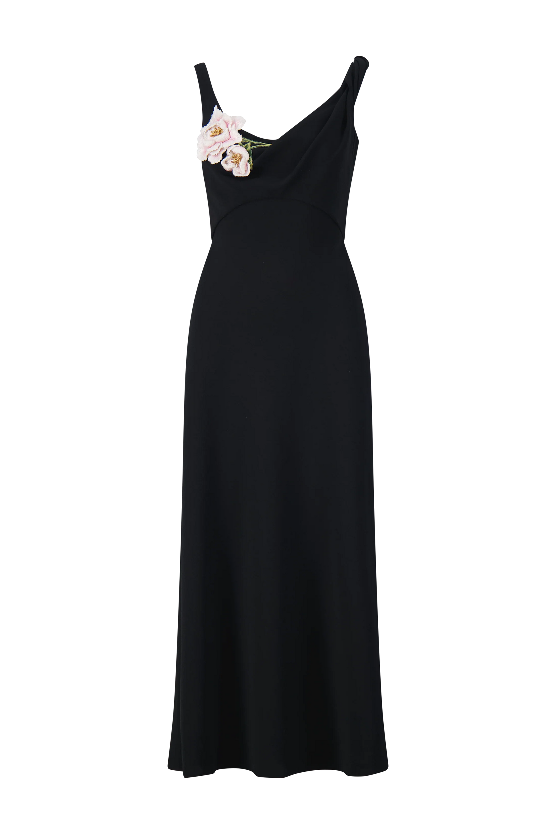 The Lela Rose 3D Peony Embroidered Fluid Crepe Twisted Detail Dress features a sleeveless black design, asymmetrical neckline, and two light pink peony accents on the left shoulder, crafted from soft crepe.